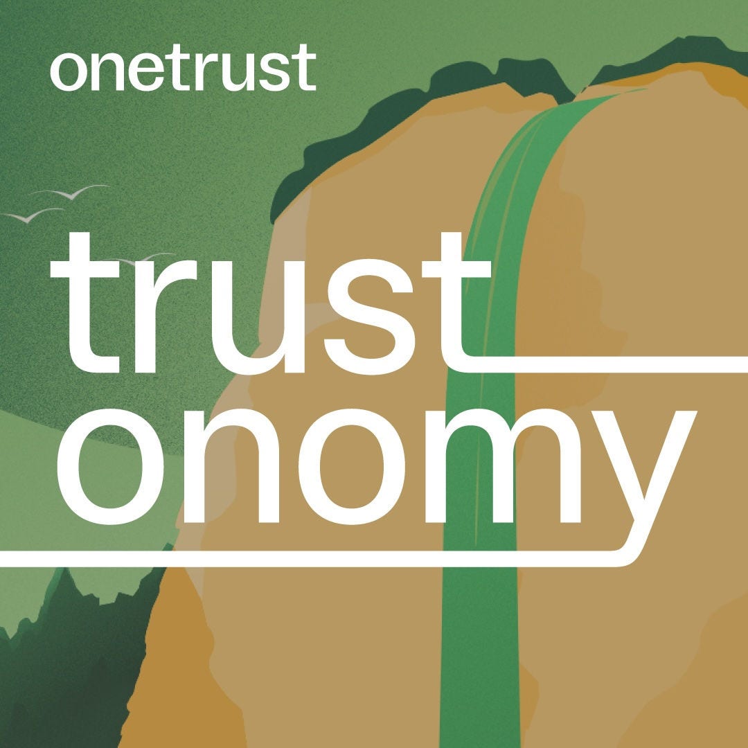 OneTrust ‘Trustonomy’ graphic showing a stylized green and tan landscape with a vertical path, overlaid text reading ‘onetrust’ and ‘trustonomy.