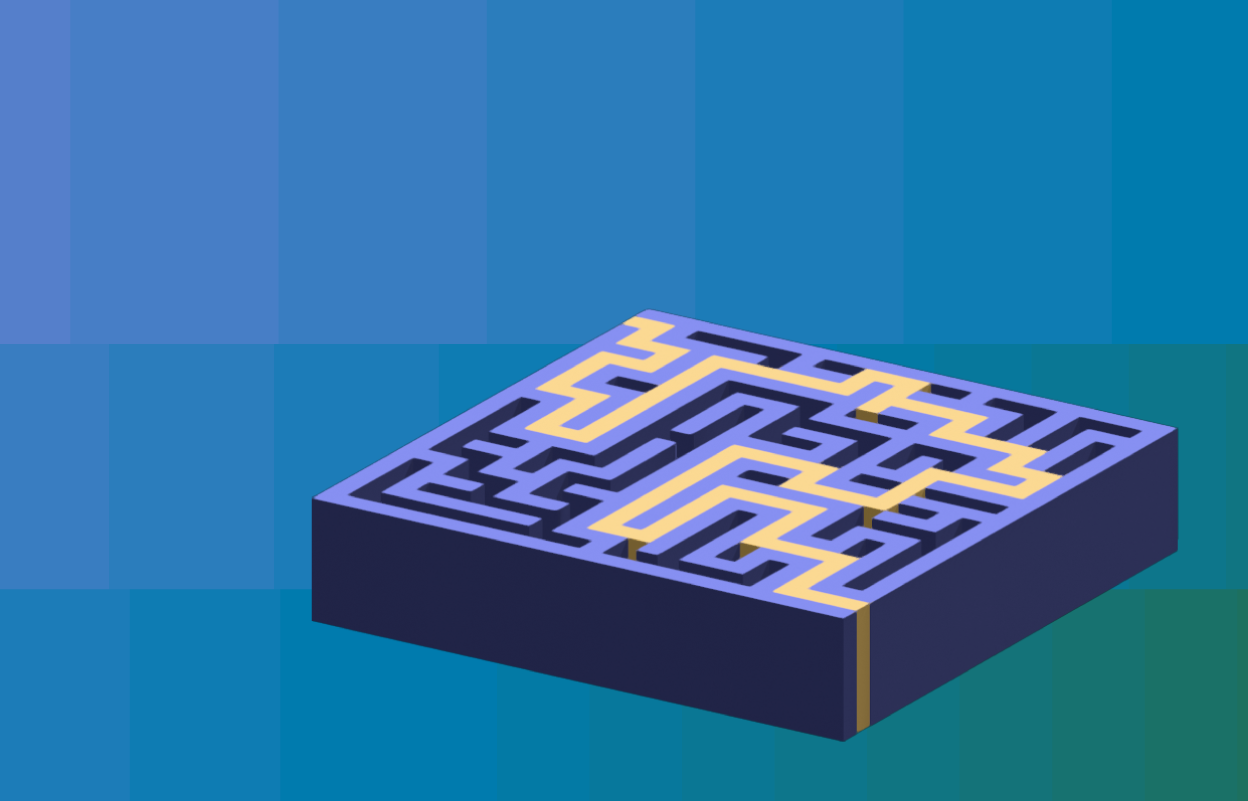 Illustration depicting a maze with branded OneTrust gradient background