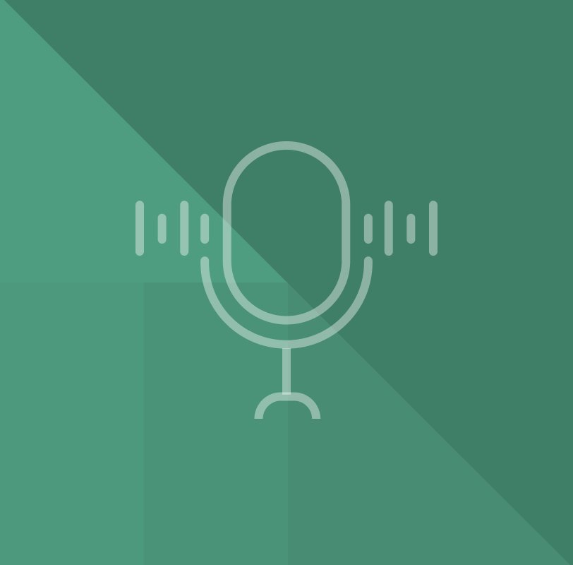 Microphone icon with a teal geometric background
